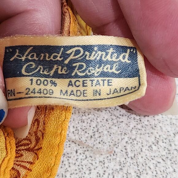 Vintage Hand Printed Crepe Royal Orange Yellow Floral Scarf 25X25 Lightweight - Picture 2 of 2